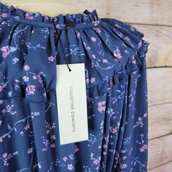Collective‎ Concepts Women Midi Dress Floral Print Long Sleeve Blue Medium NWT - Picture 5 of 8